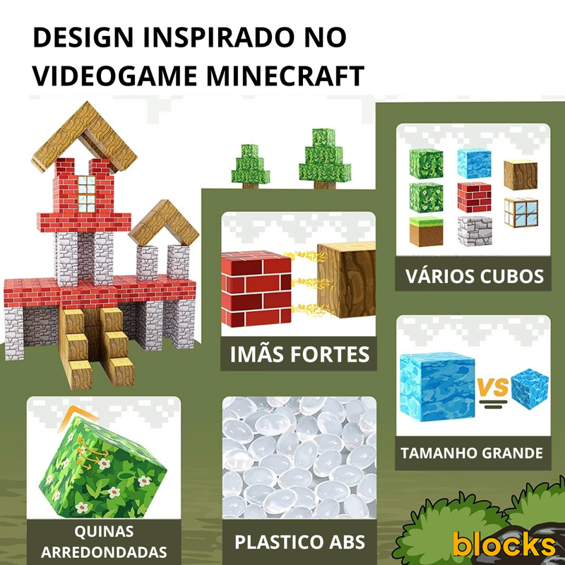 Kit de Blocos Sortidos de Construção Magnética Minecraft - Crie do seu Jeito!