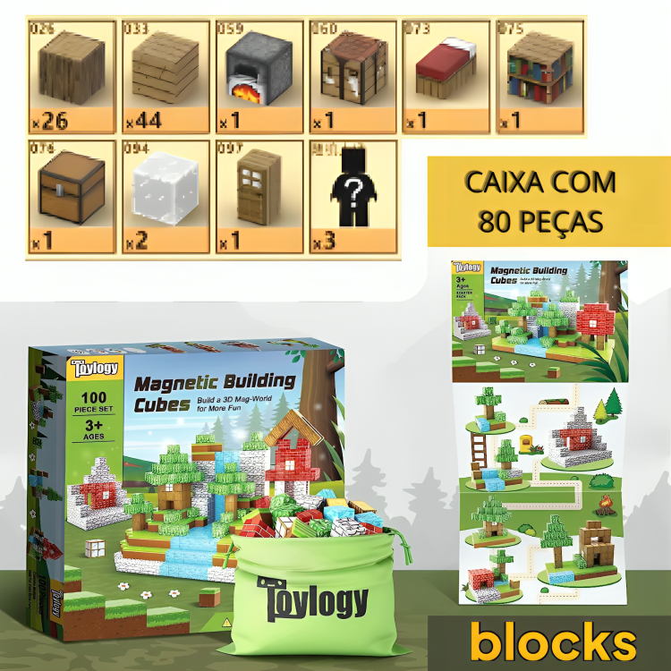 Blocos de Construção Magnética Minecraft - 64 + 80 peças (Compre 1 Leve 2)