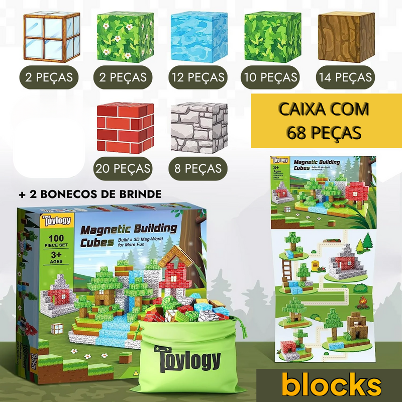 Blocos de Construção Magnética Minecraft + Bonecos de Brinde - 48/68/88 peças